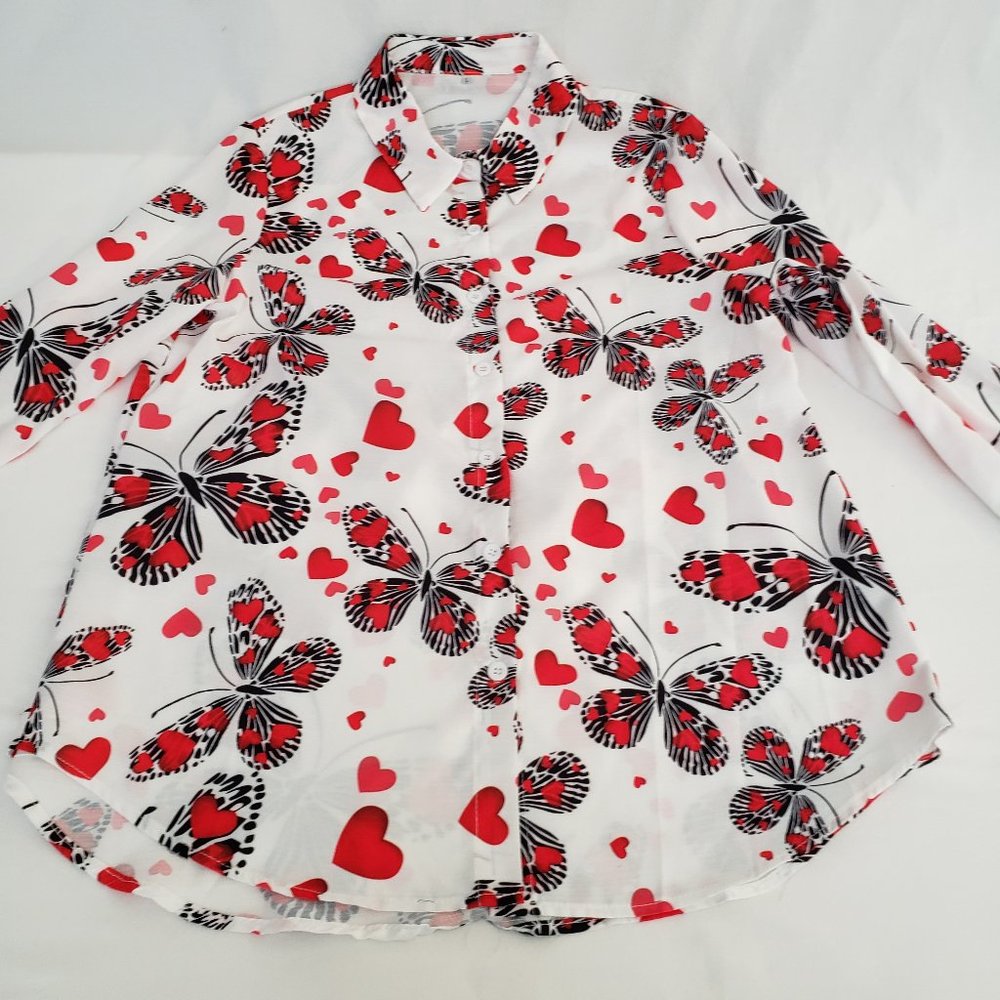 Vintage Butterfly & Hearts Vintage Blouse Top-Size L/Large-EUC